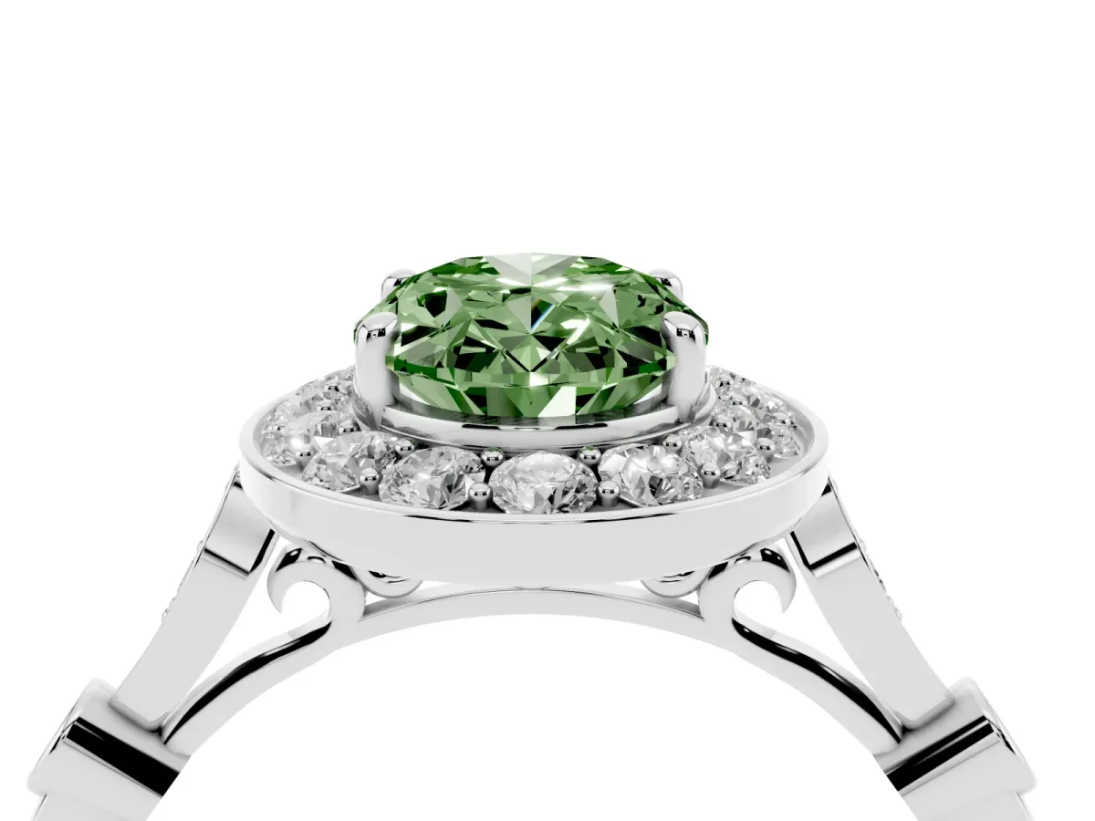 Fancy Green Oval Cut Halo Diamond Engagement Ring with Twisted Band and Four-Prong Setting White gold