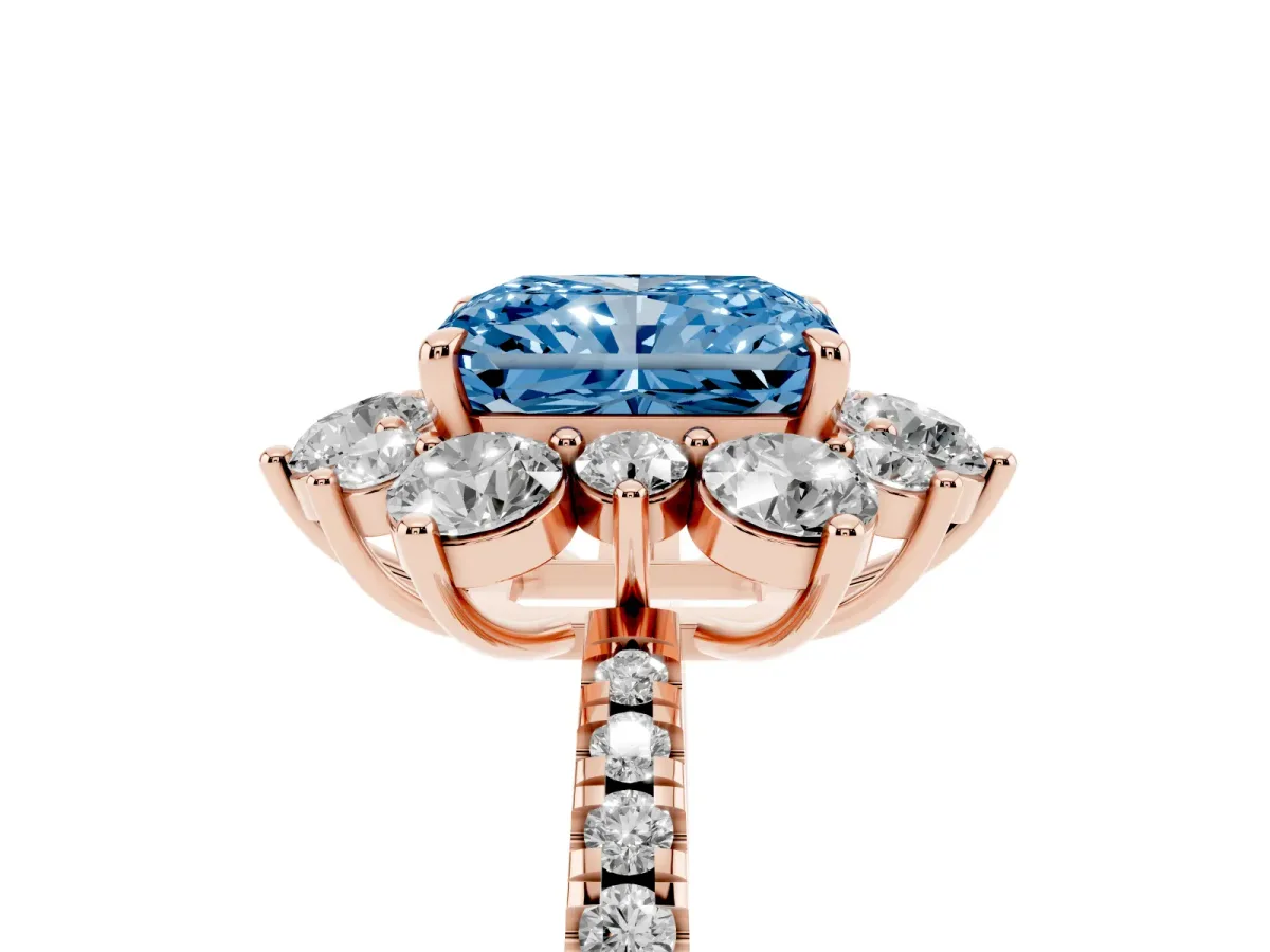 Fancy Blue Radiant Cut Diamond Floral Halo Ring with Round Pavé Band and Prong Setting Rose gold