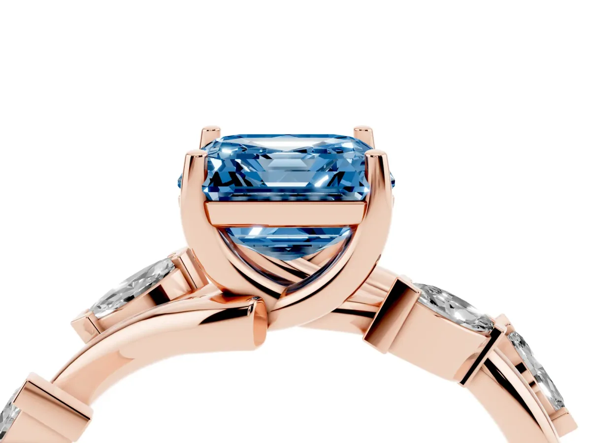 Fancy Blue Asscher Cut Solitaire Twisted Band Marquise Accent Prong Setting Ring Rose gold