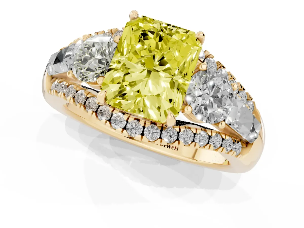 Fancy Yellow Three-Stone Radiant Cut Diamond Engagement Ring with Pave Band and Prong Setting Yellow gold