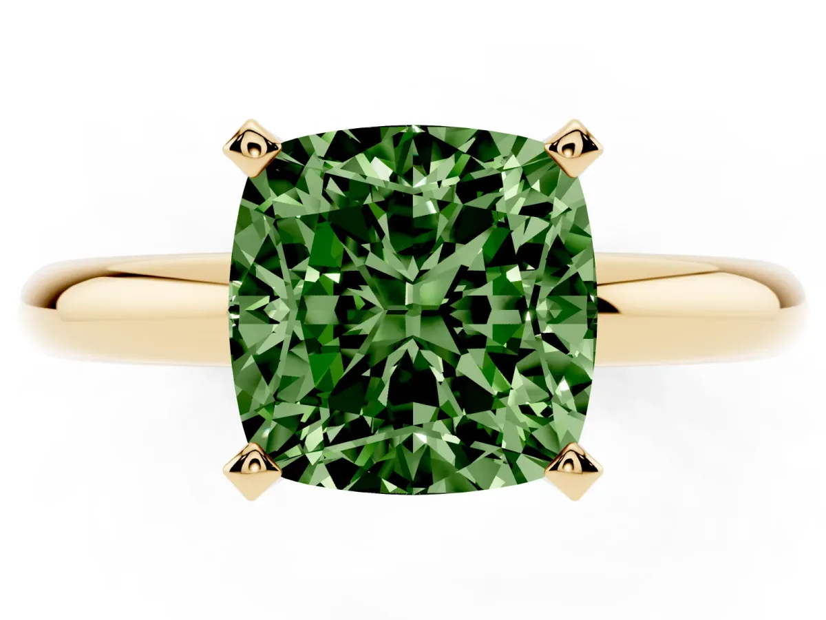 Fancy Green Cushion Cut Diamond Solitaire Engagement Ring with Round Band and Four-Prong Setting Yellow gold