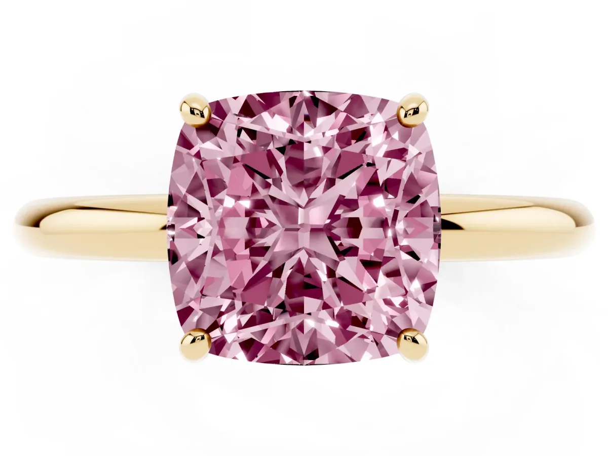 Fancy Pink Cushion Cut Solitaire Diamond Ring with Four-Prong Setting on a Plain Band Yellow gold
