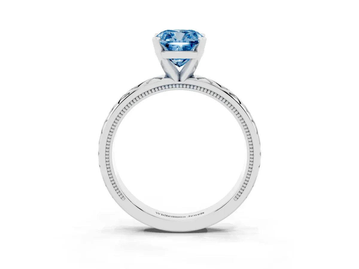 Fancy Blue Cushion Cut Solitaire Diamond Ring with Milgrain and Black Enamel X Pattern Band Silver