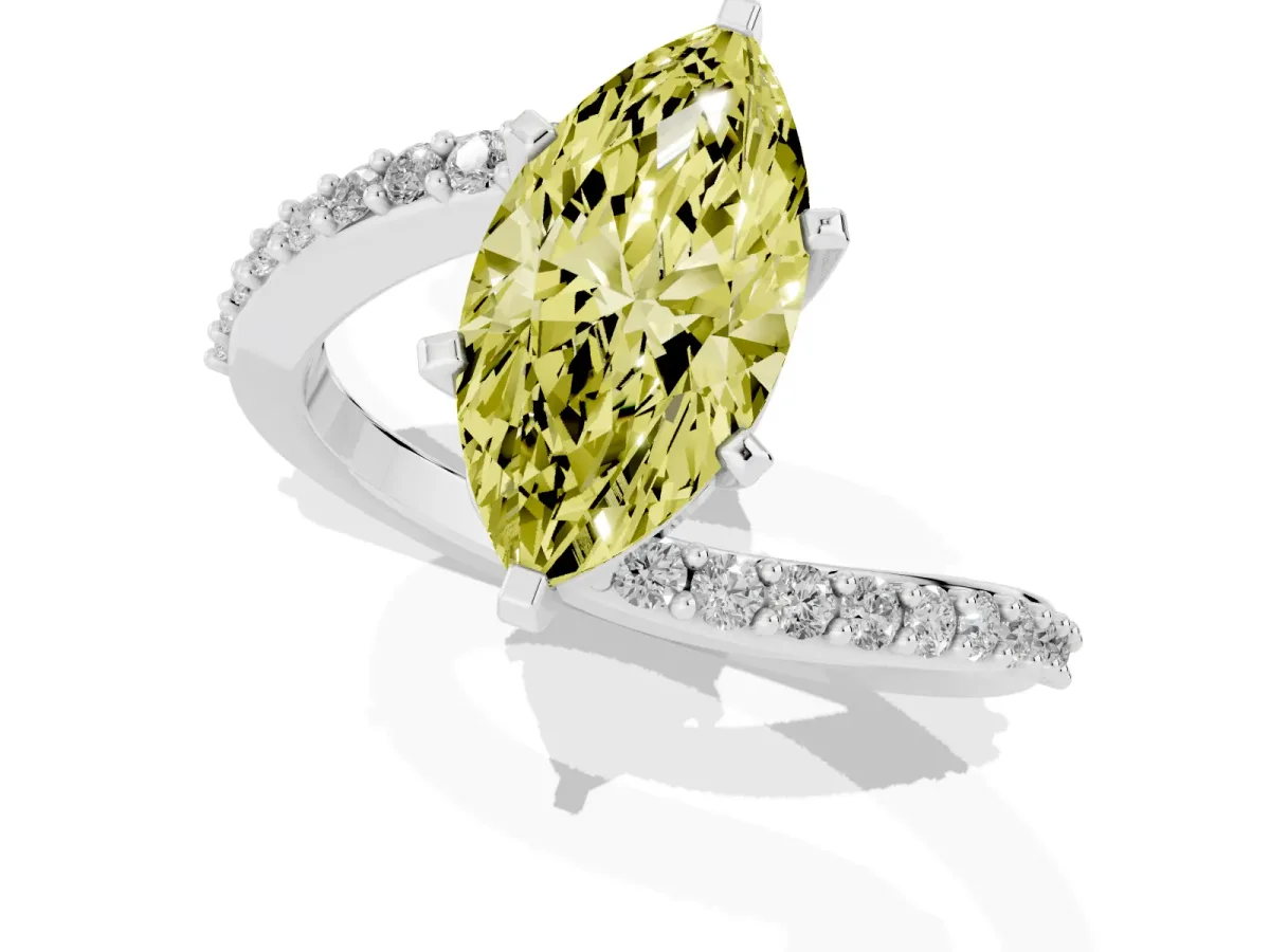 Fancy Yellow Marquise Cut Solitaire Twist Band with Pave Set Diamonds and Four-Prong Setting White gold