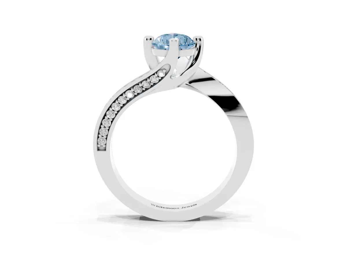 Fancy Blue Pear Cut Solitaire Diamond Twist Band with Pavé Setting and Four-Prong Setting Silver