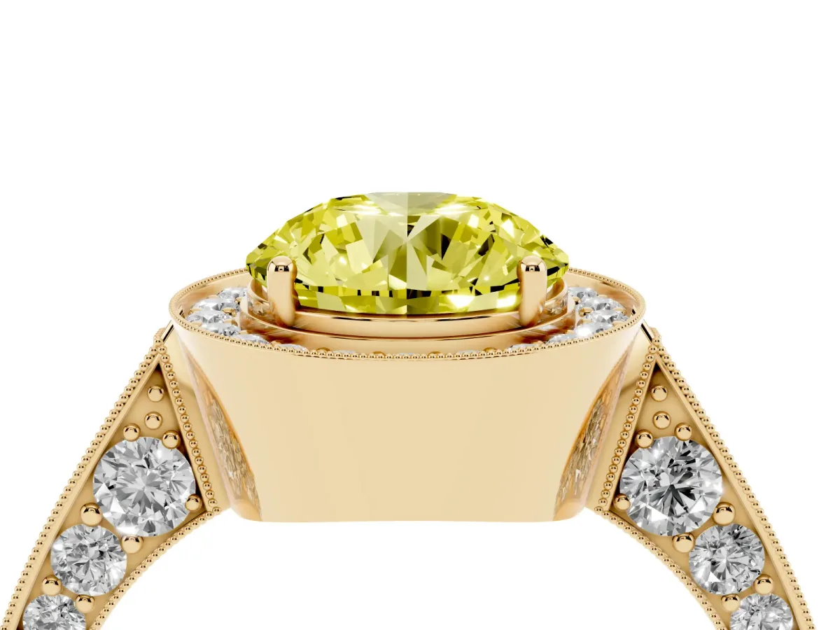 Fancy Yellow Round Cut Halo Diamond Engagement Ring with Split Shank Band and Four-Prong Setting Yellow gold