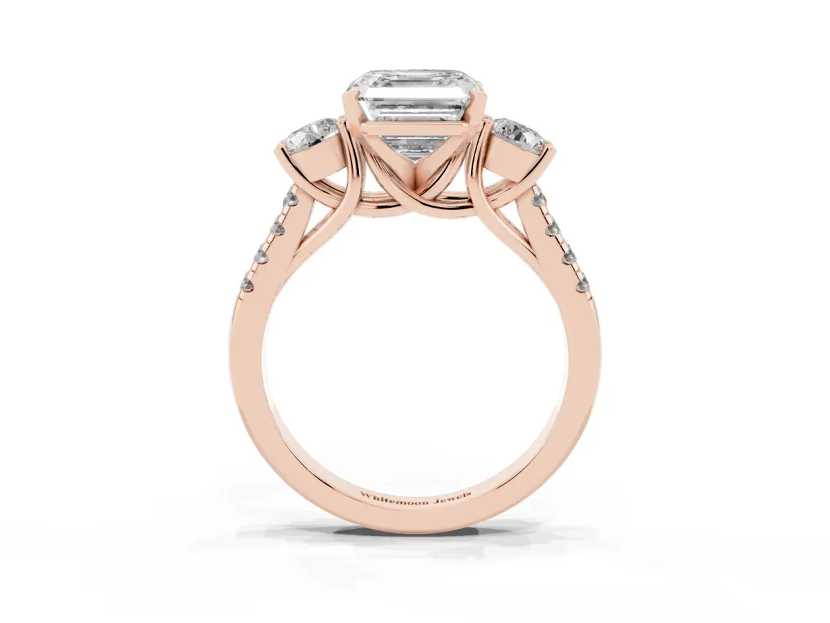 Three-Stone Asscher Cut Diamond Pavé Band with Four-Prong Setting Rose gold