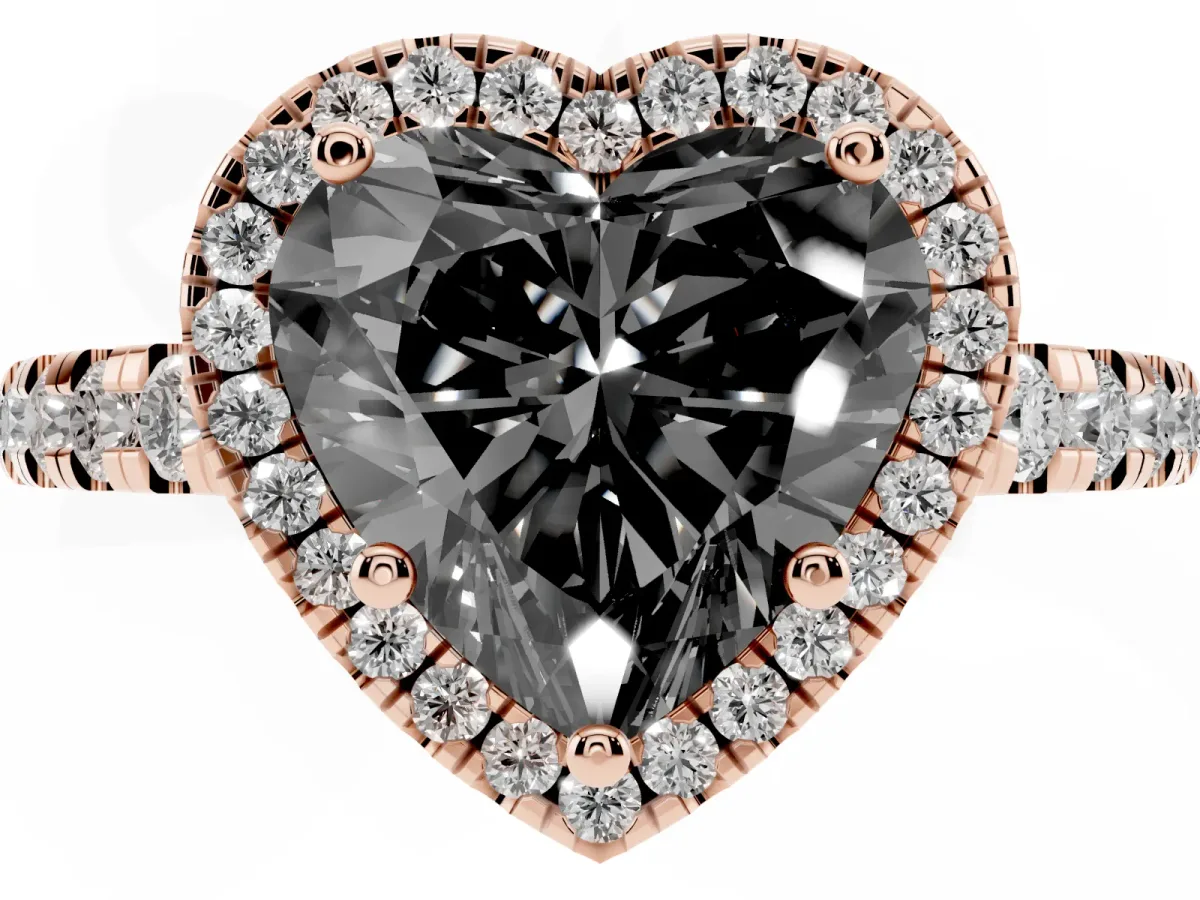 Fancy Black Heart Cut Diamond Halo Ring with Pavé Band and Four-Prong Setting Rose gold