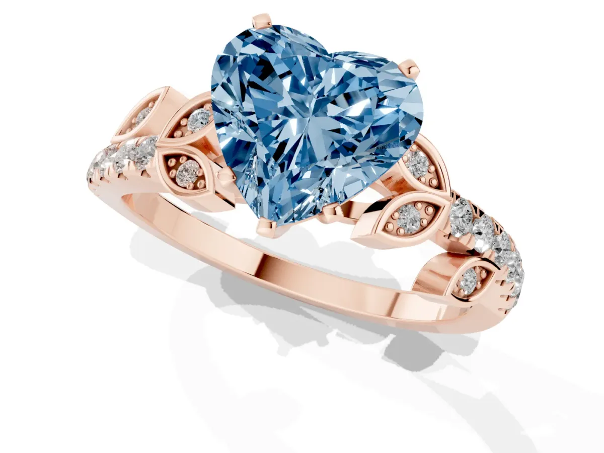 Fancy Blue Heart Cut Solitaire Leaf-Inspired Diamond Ring with Pavé Band and Four-Prong Setting Rose gold