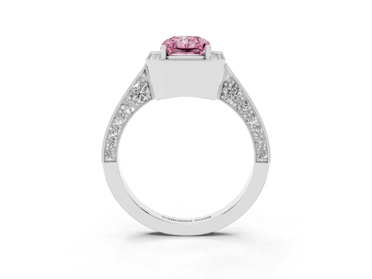 Fancy Pink Radiant Cut Halo Diamond Engagement Ring with Split Shank Band and Four-Prong Setting Silver