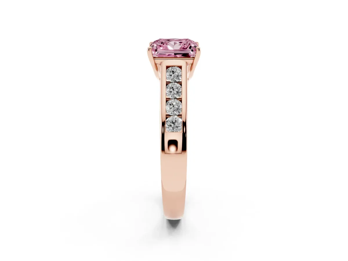 Fancy Pink Princess Cut Brilliant Channel-Set Solitaire Ring with Four-Prong Setting Rose gold