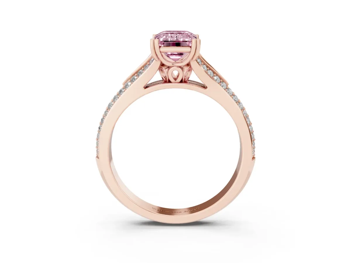 Fancy Pink Emerald Cut Diamond Split Shank Engagement Ring with Pavé Band Rose gold