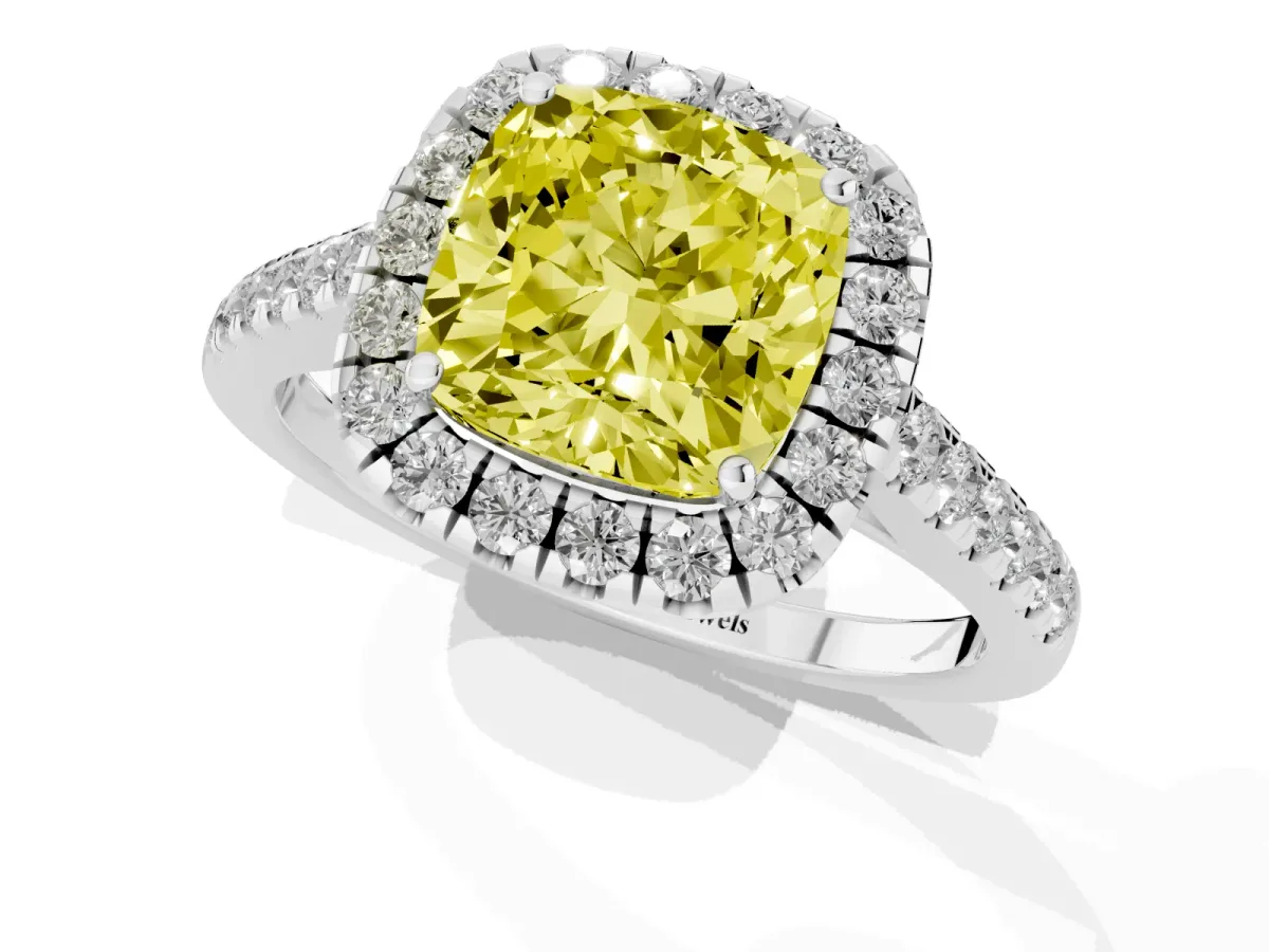 Fancy Yellow Cushion Cut Halo Pave Diamond Engagement Ring with Four-Prong Setting White gold