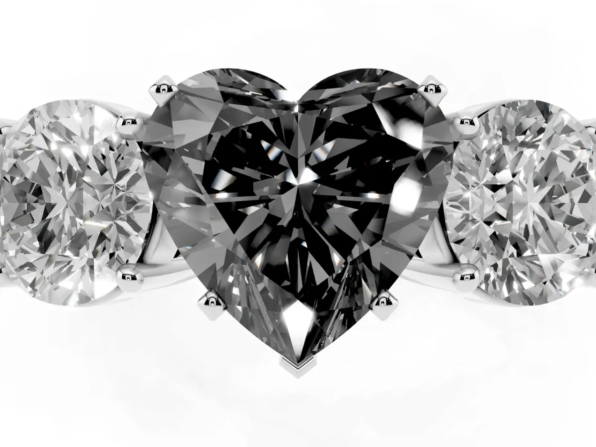 Fancy Black Three-Stone Heart Cut Diamond Ring with Round Side Stones, Classic Band, and Four-Prong Setting White gold