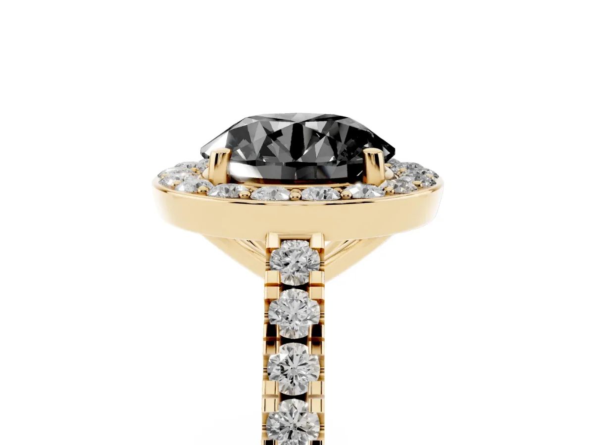 Fancy Black Round Cut Diamond Halo Ring with Round Pavé Split Shank and Prong Setting Yellow gold