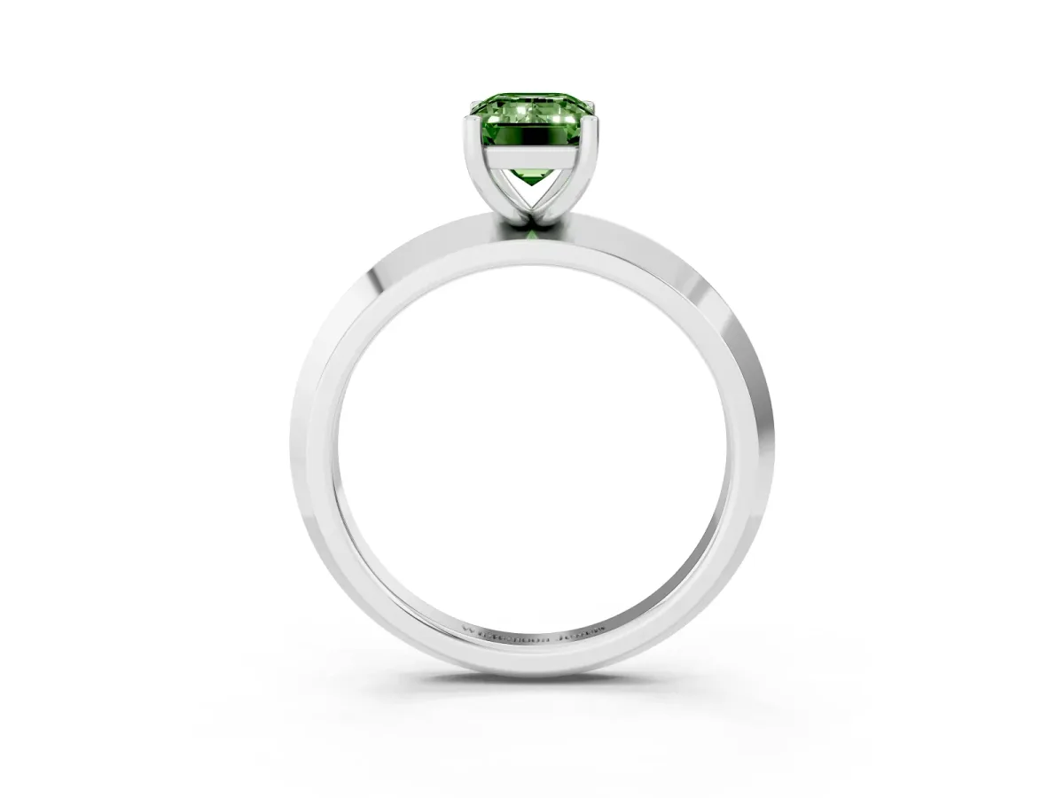 Fancy Green Emerald Cut Cut Solitaire Engagement Ring with Flat Band and Four-Prong Setting Silver