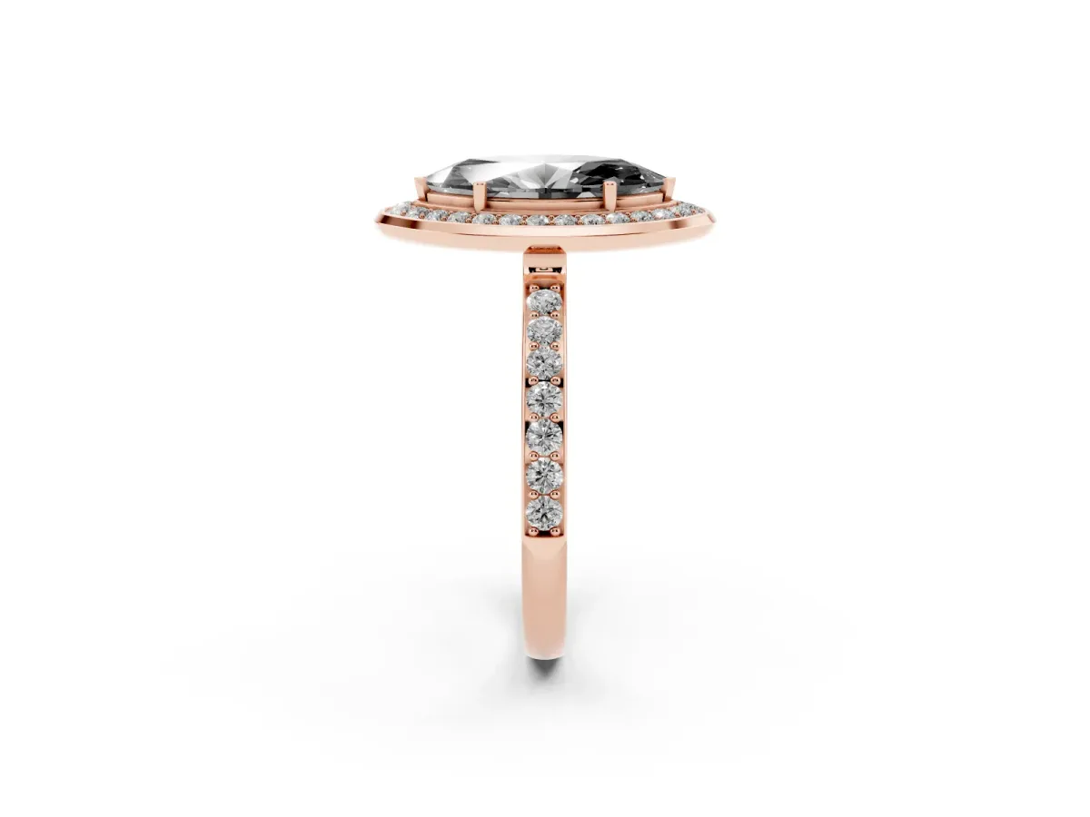 Fancy Black Marquise Cut Diamond Halo Ring with Bezel Frame and Pavé Band Rose gold