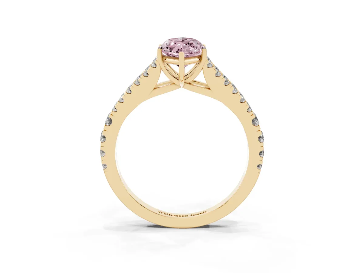 Fancy Pink Marquise Cut Diamond Split Shank Pavé Engagement Ring with Four-Prong Setting Yellow gold
