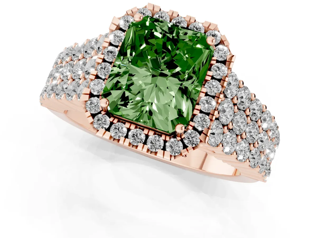 Fancy Green Radiant Cut Diamond Halo Engagement Ring with Triple Row Round Pavé Band and Prong Setting Rose gold