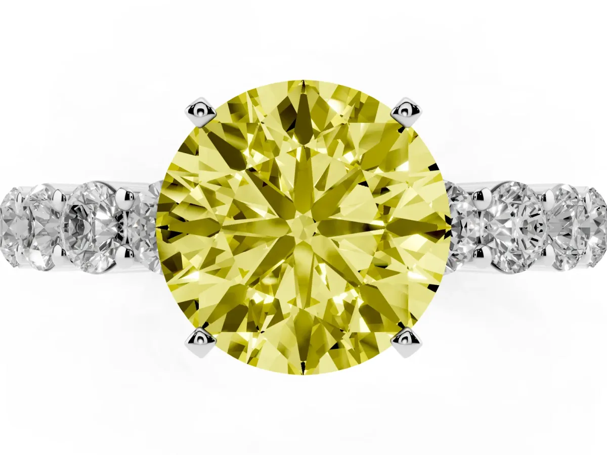 Fancy Yellow Round Cut Diamond Solitaire Ring with Shared Prong Round Side Stones Silver