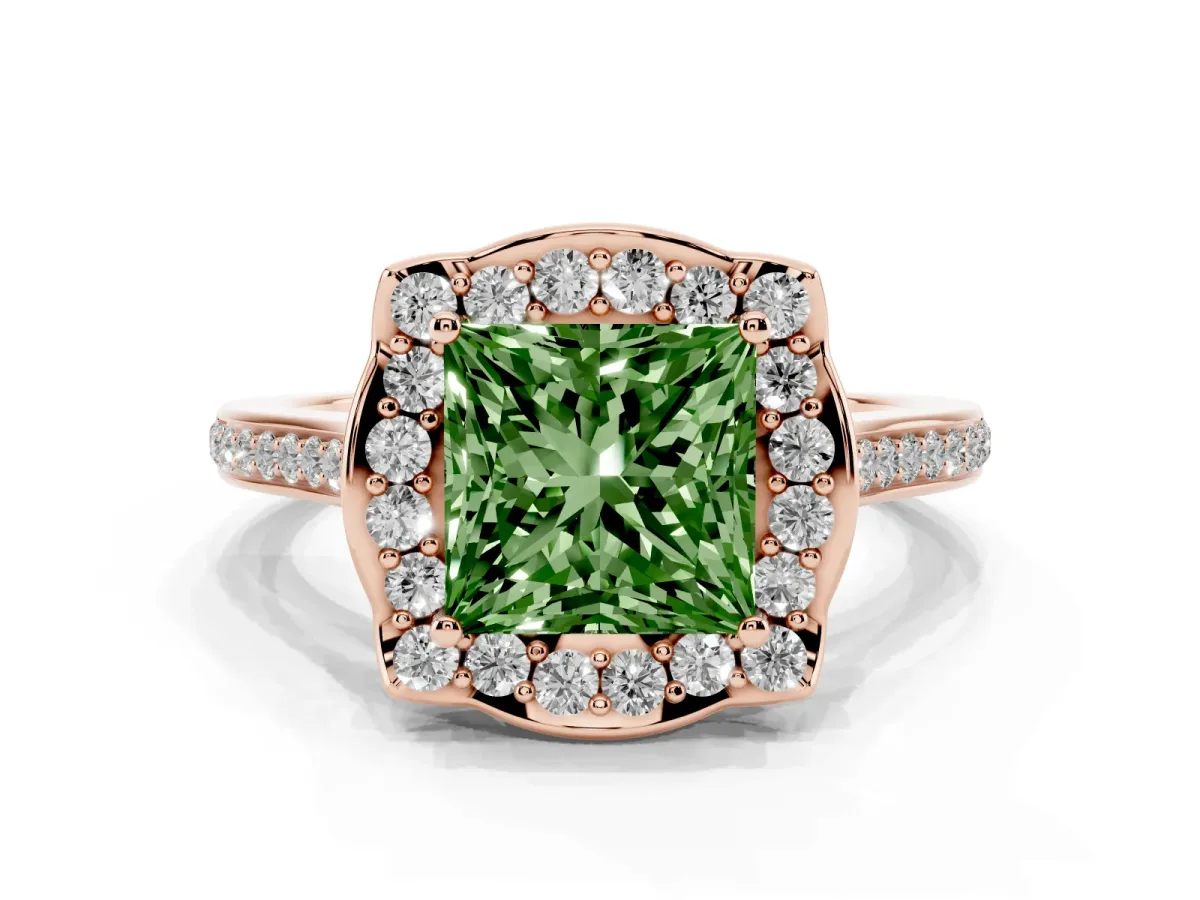 Fancy Green Princess Cut Halo Round Diamond Pave Band with Four-Prong Setting Rose gold