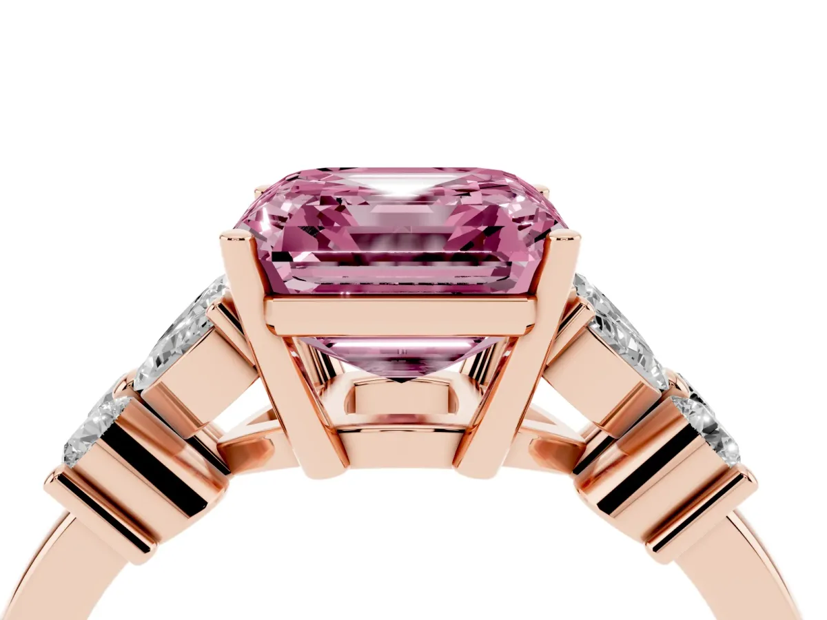 Fancy Pink Asscher Cut Diamond Floral Cluster Ring with Solitaire Band and Prong Setting Rose gold