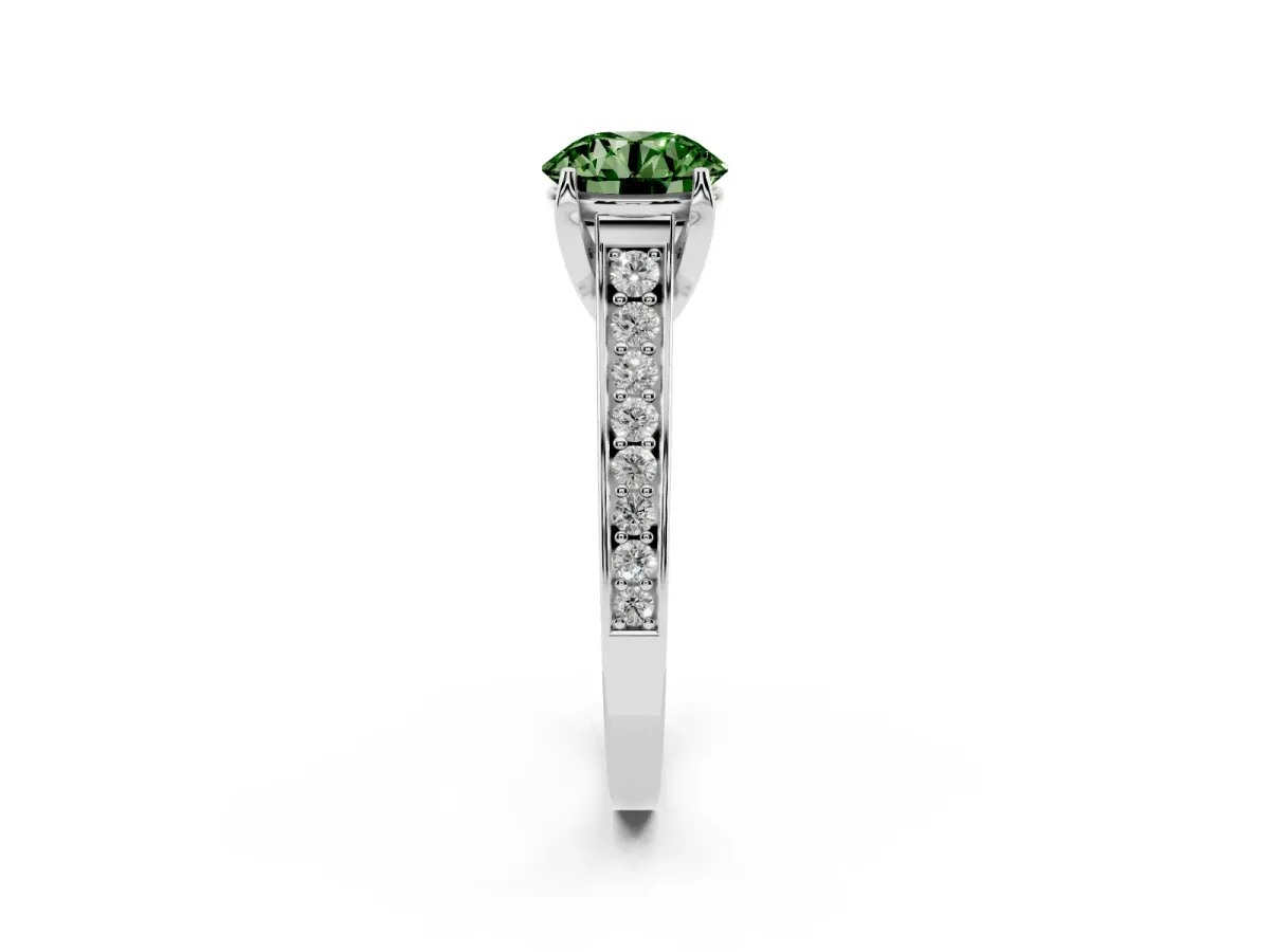 Fancy Green Round Cut Brilliant Cut Diamond Engagement Ring with Pavé Band and Four-Prong Setting Platinum