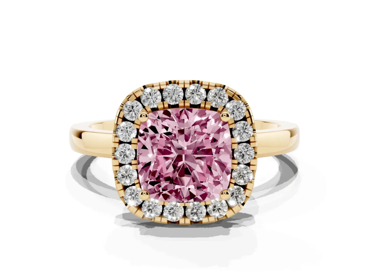 Fancy Pink Cushion Cut Halo Diamond Solitaire with Pavé Band and Four-Prong Setting Yellow gold