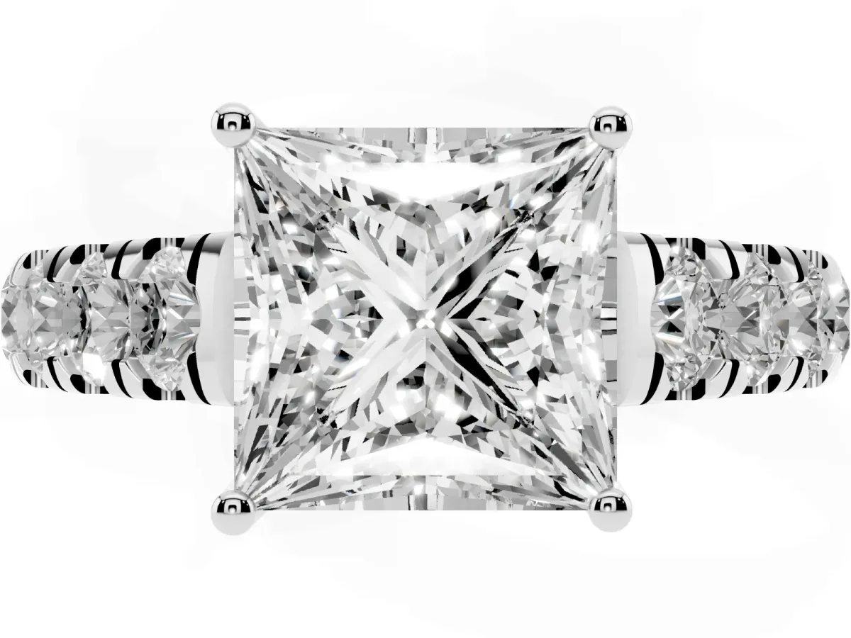 Princess Cut Cut Diamond Solitaire Ring with Micro Pave Band and Prong Setting Silver