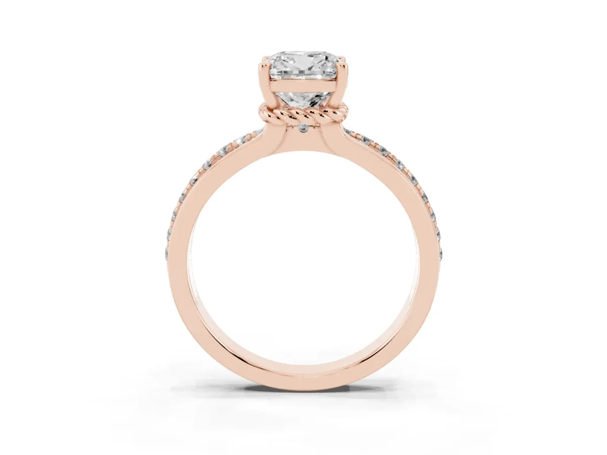Cushion Cut Solitaire Diamond Ring with Channel Set Band and Six-Prong Setting Rose gold