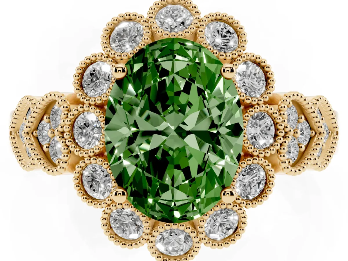 Fancy Green Oval Cut Brilliant Milgrain Pave Heart Band Solitaire Ring Yellow gold