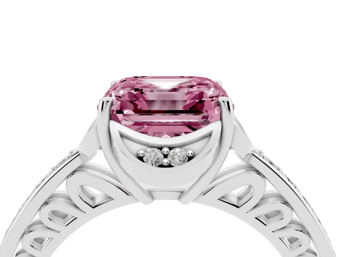 Fancy Pink Asscher Cut Cut Halo Diamond Ring with Channel Set Band and Four-Prong Setting White gold