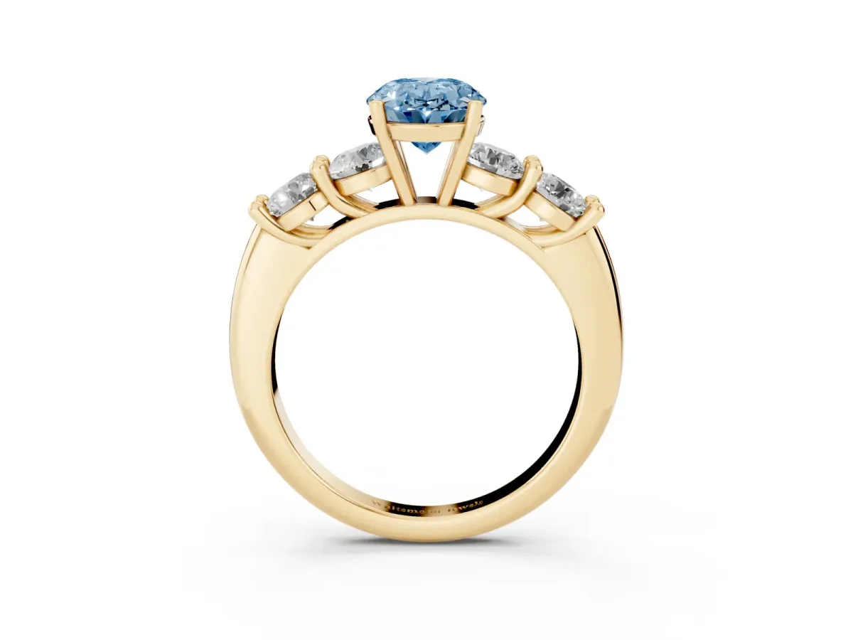 Fancy Blue Oval Cut Cut Five-Stone Prong Set Diamond Ring with Classic Band Yellow gold