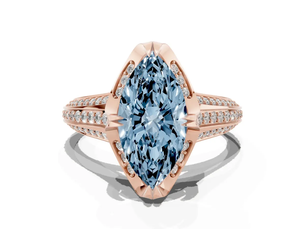 Fancy Blue Marquise Cut Solitaire Pave Split Shank Ring with Four-Prong Setting Rose gold