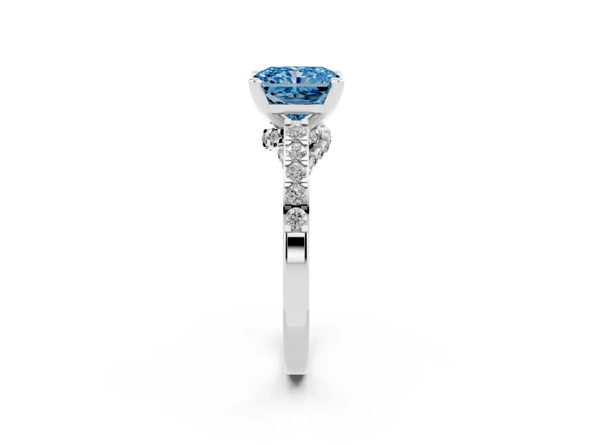 Fancy Blue Radiant Cut Diamond Solitaire Ring with Crossover Gallery and Round Pavé Band Platinum