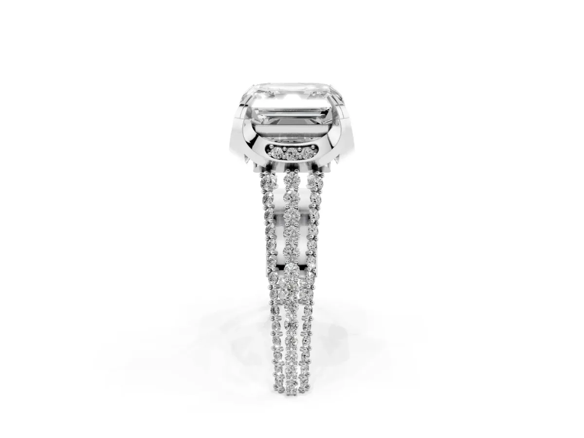 Asscher Cut Solitaire Pave Split Shank Ring with Four-Prong Setting Platinum
