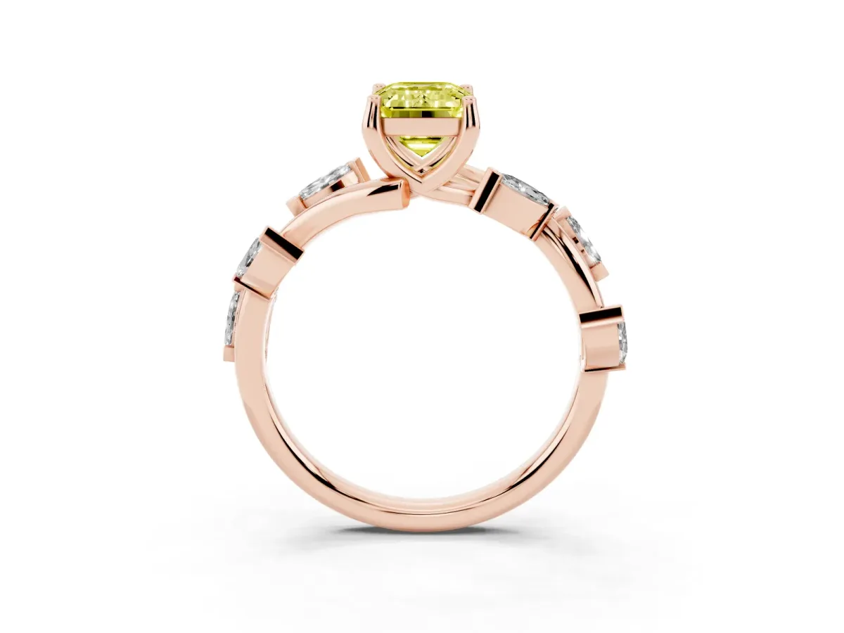 Fancy Yellow Emerald Cut Solitaire Twisted Band Marquise Accent Prong Setting Ring Rose gold
