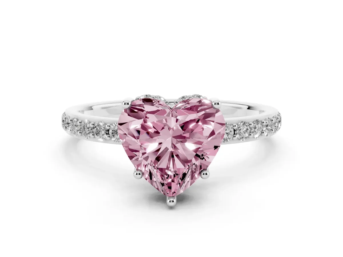 Fancy Pink Heart Cut Diamond Solitaire Ring with Pavé Band and Hidden Halo Platinum