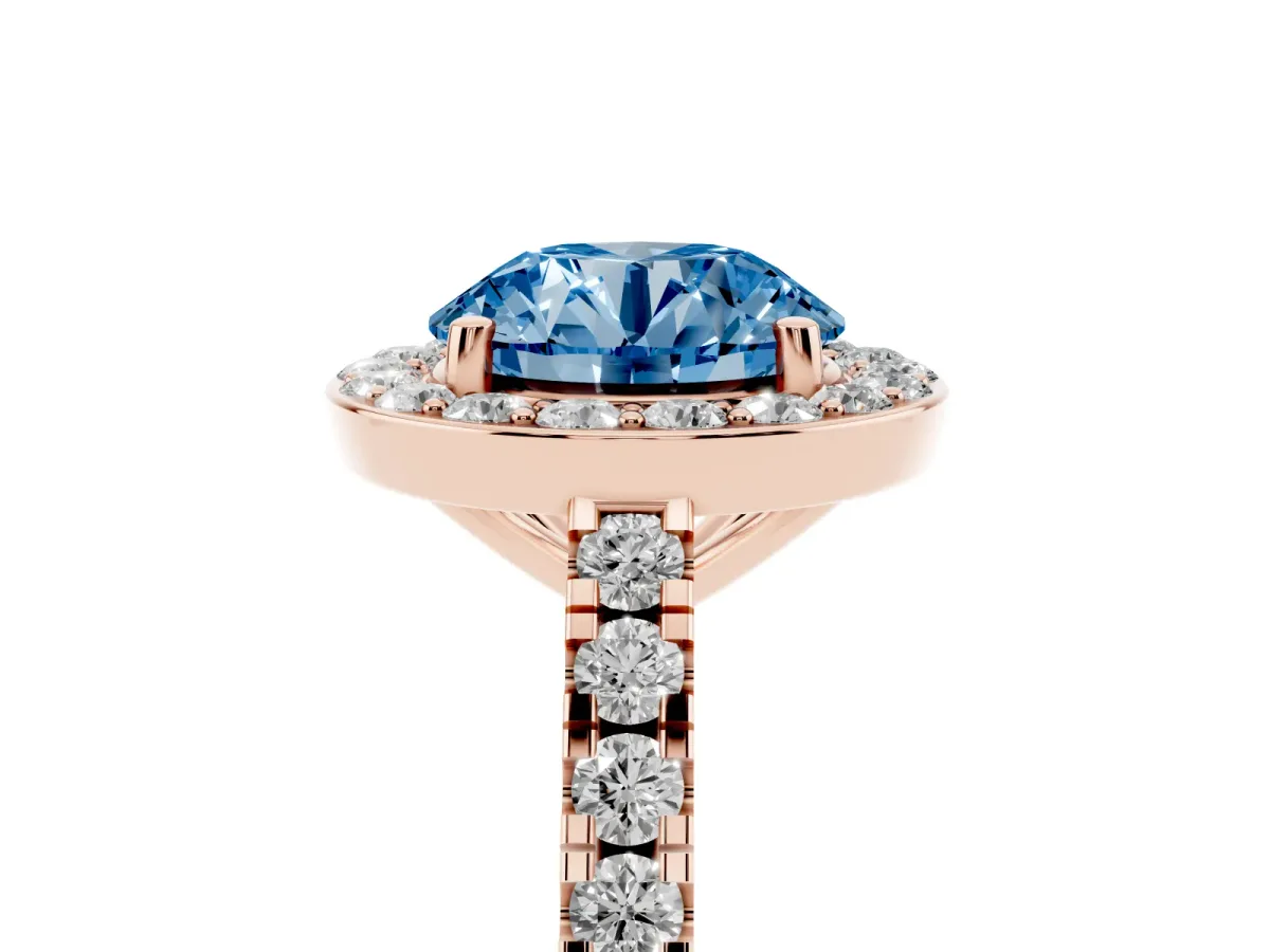 Fancy Blue Round Cut Diamond Halo Ring with Round Pavé Split Shank and Prong Setting Rose gold