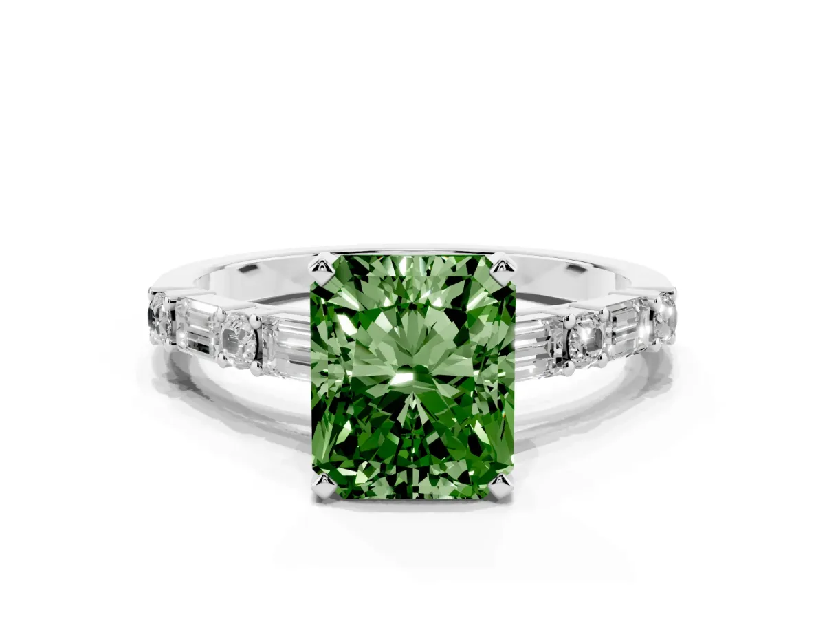 Fancy Green Radiant Cut Diamond Solitaire with Side Baguettes and Channel Set Band Silver