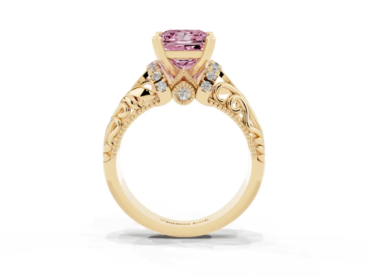 Fancy Pink Princess Cut Solitaire Filigree Engagement Ring with Halo and Prong Setting Yellow gold