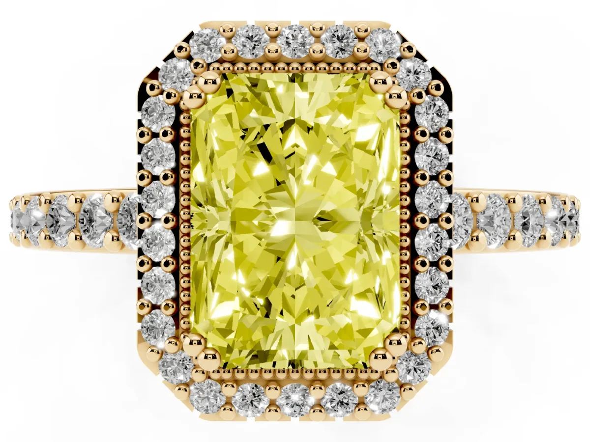 Fancy Yellow Radiant Cut Cut Diamond Halo Engagement Ring with Milgrain Detail and Pavé Band Yellow gold