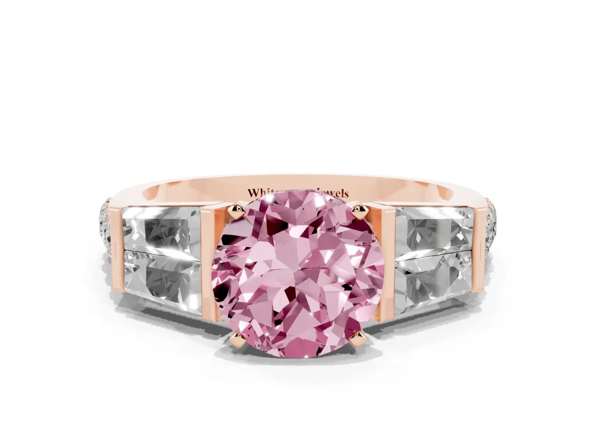 Fancy Pink Round Cut Diamond Engagement Ring with Baguette Side Stones and Channel Set Band Rose gold