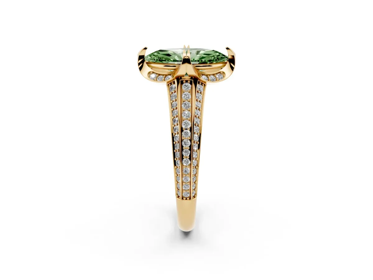 Fancy Green Marquise Cut Solitaire Pave Split Shank Ring with Four-Prong Setting Yellow gold