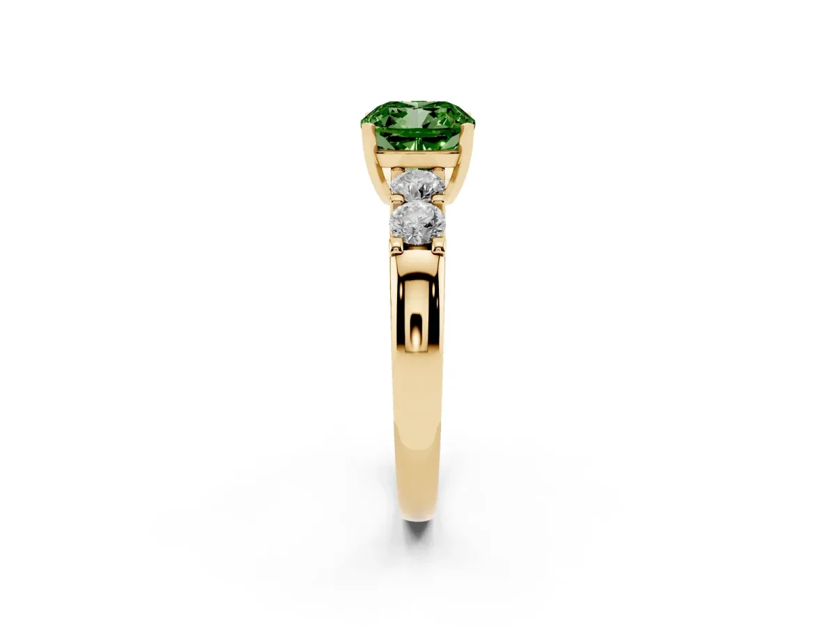 Fancy Green Cushion Cut Brilliant Cut Diamond Five-Stone Prong Set Engagement Ring with Channel Band Yellow gold