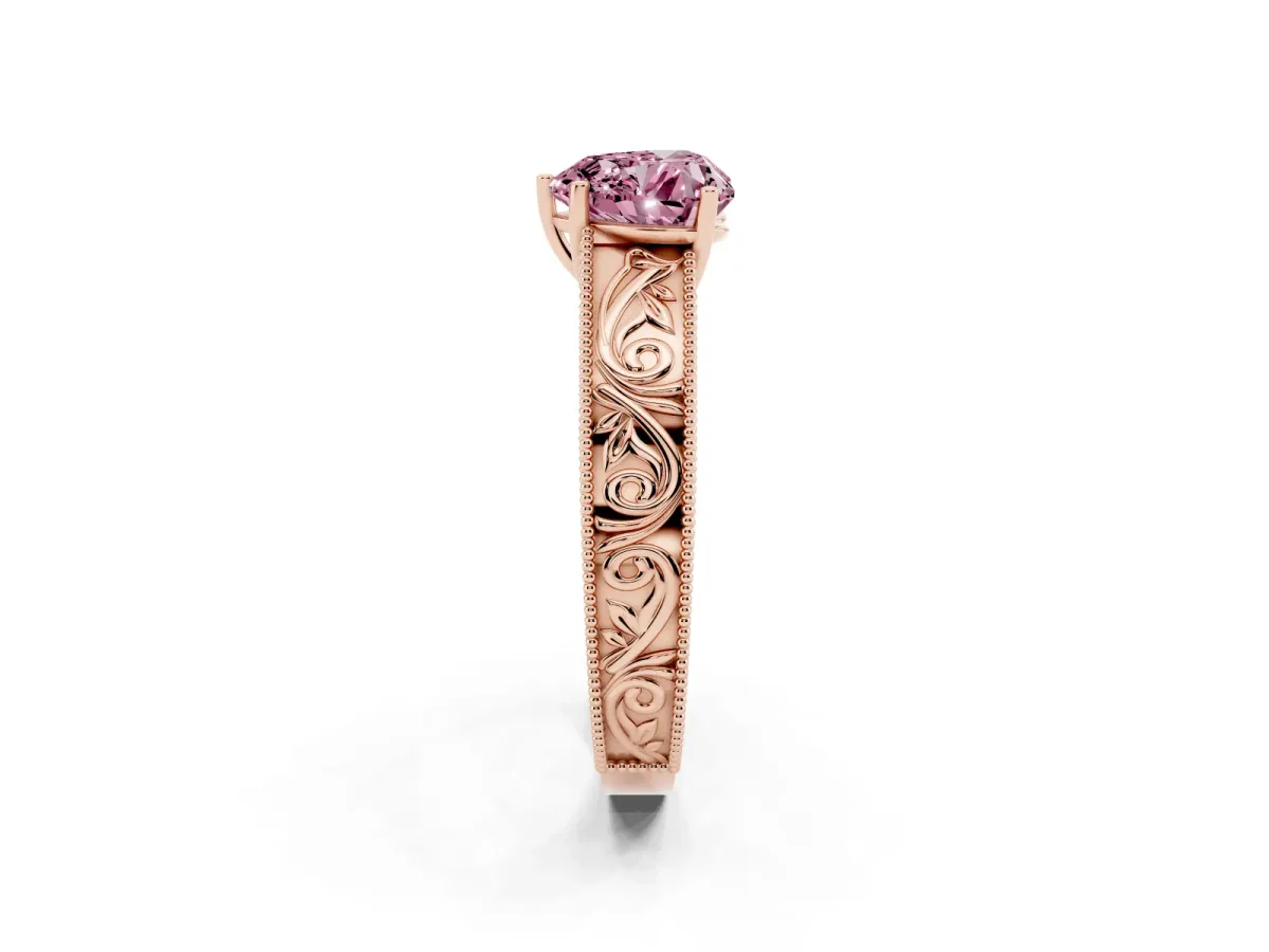 Fancy Pink Heart Cut Diamond Solitaire Ring with Engraved Band and Four-Prong Setting Rose gold