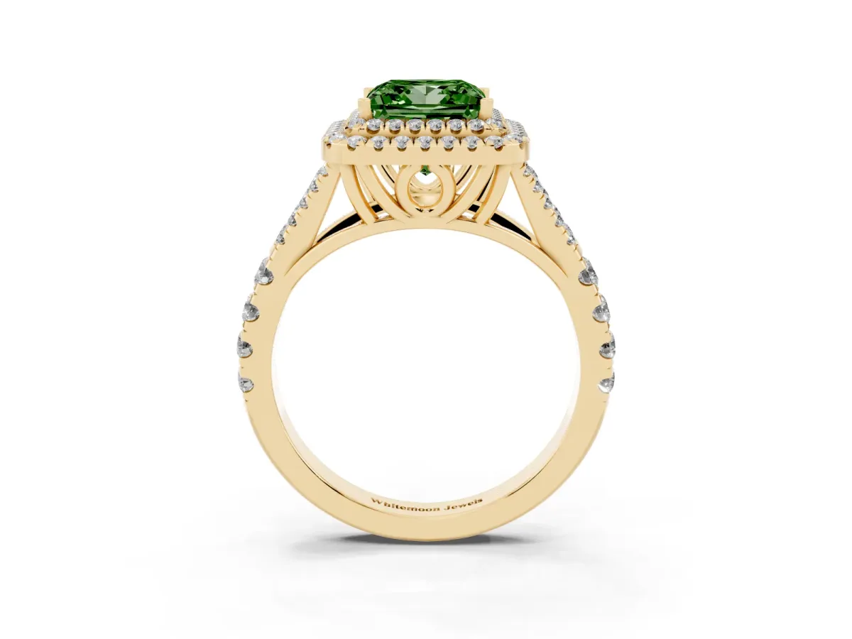 Fancy Green Princess Cut Cut Double Halo Split Shank Diamond Ring with Prong Setting Yellow gold