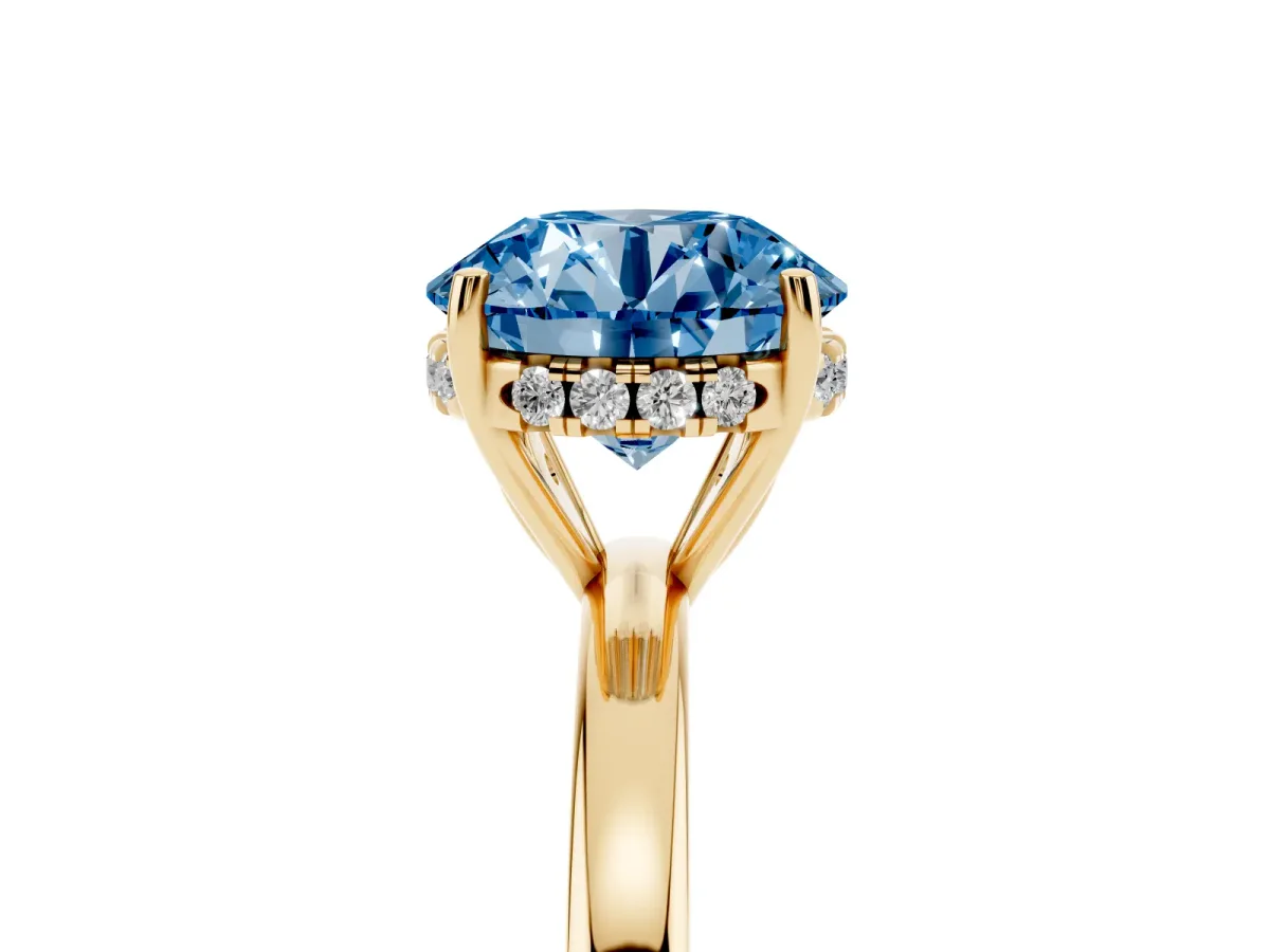 Fancy Blue Round Cut Solitaire Diamond Ring with Prong Setting and Plain Band Yellow gold