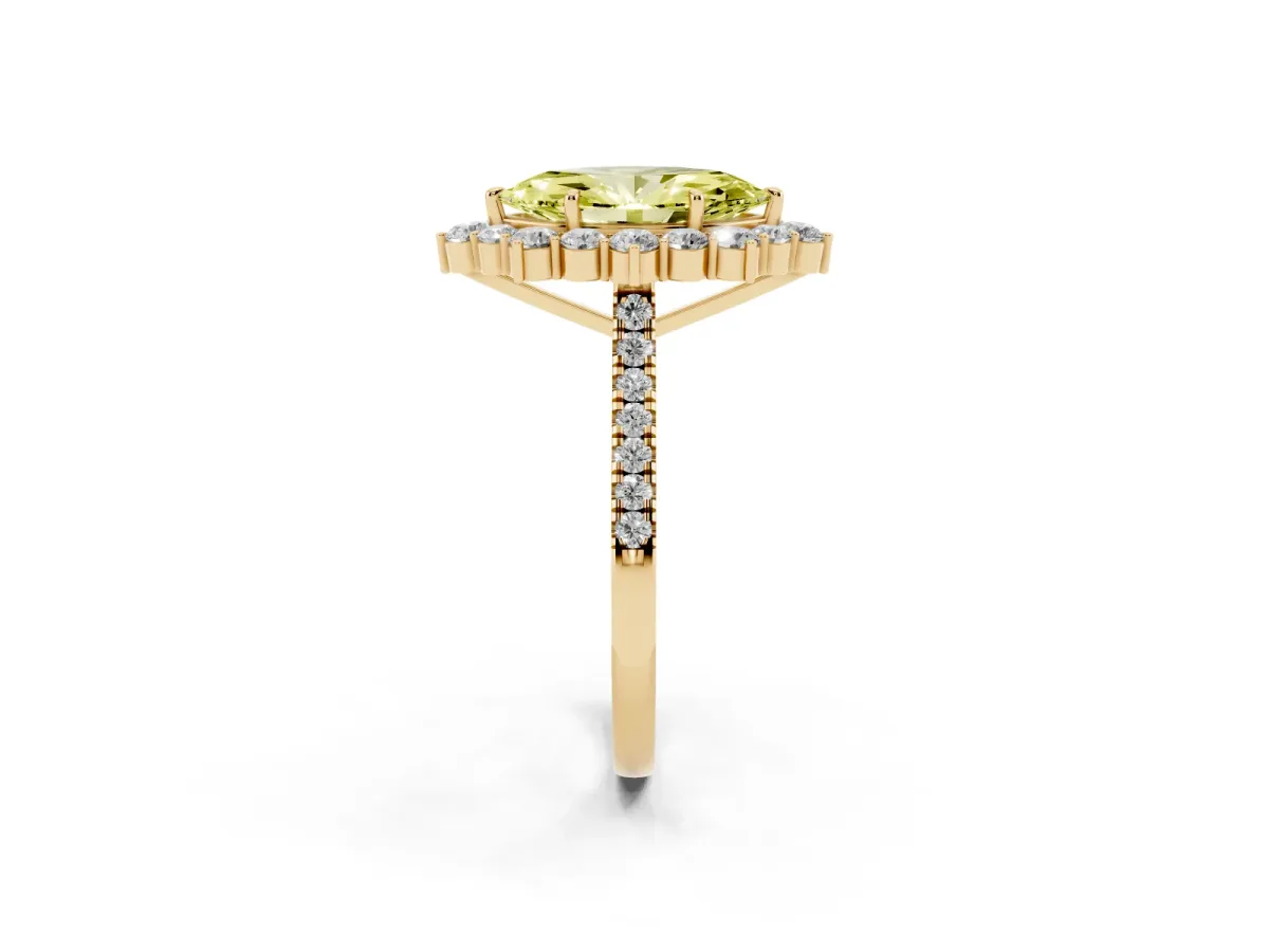 Fancy Yellow Marquise Cut Halo Diamond Ring with Pavé Band and Prong Setting Yellow gold