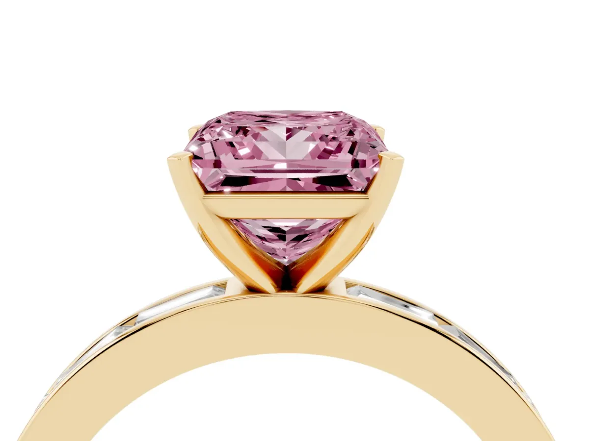 Fancy Pink Princess Cut Solitaire Diamond Ring with Channel-Set Baguette Band and Four-Prong Setting Yellow gold